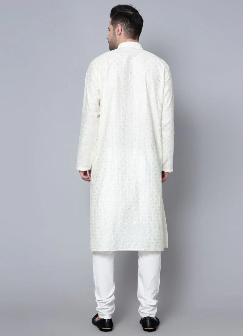 Men's Cream Chikankari Kurta Pajama Set - Image 5