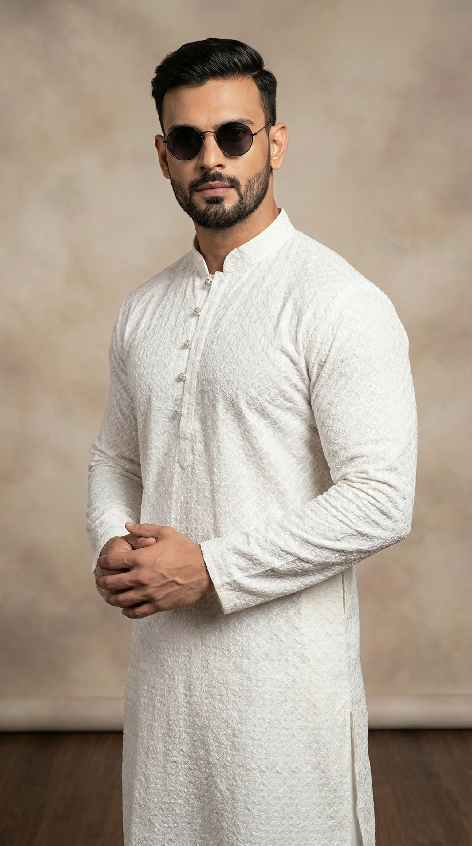 Men's Cream Chikankari Kurta Pyjama Set - Image 2