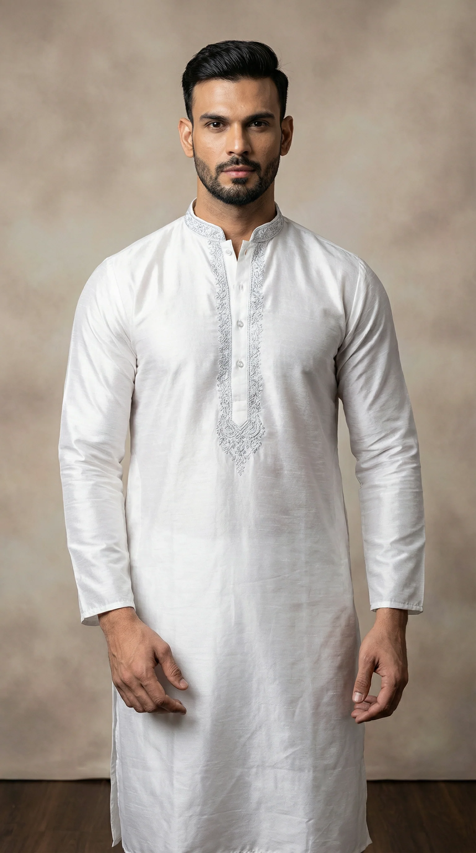 Men’s Cream Jacquard Embroidered Kurta Pyjama | Premium Ethnic Wear - Image 2