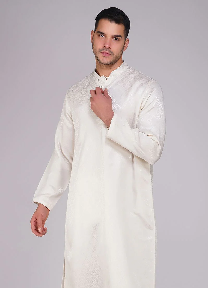 Men's Cream Jacquard Kurta Churidaar Set - Image 2