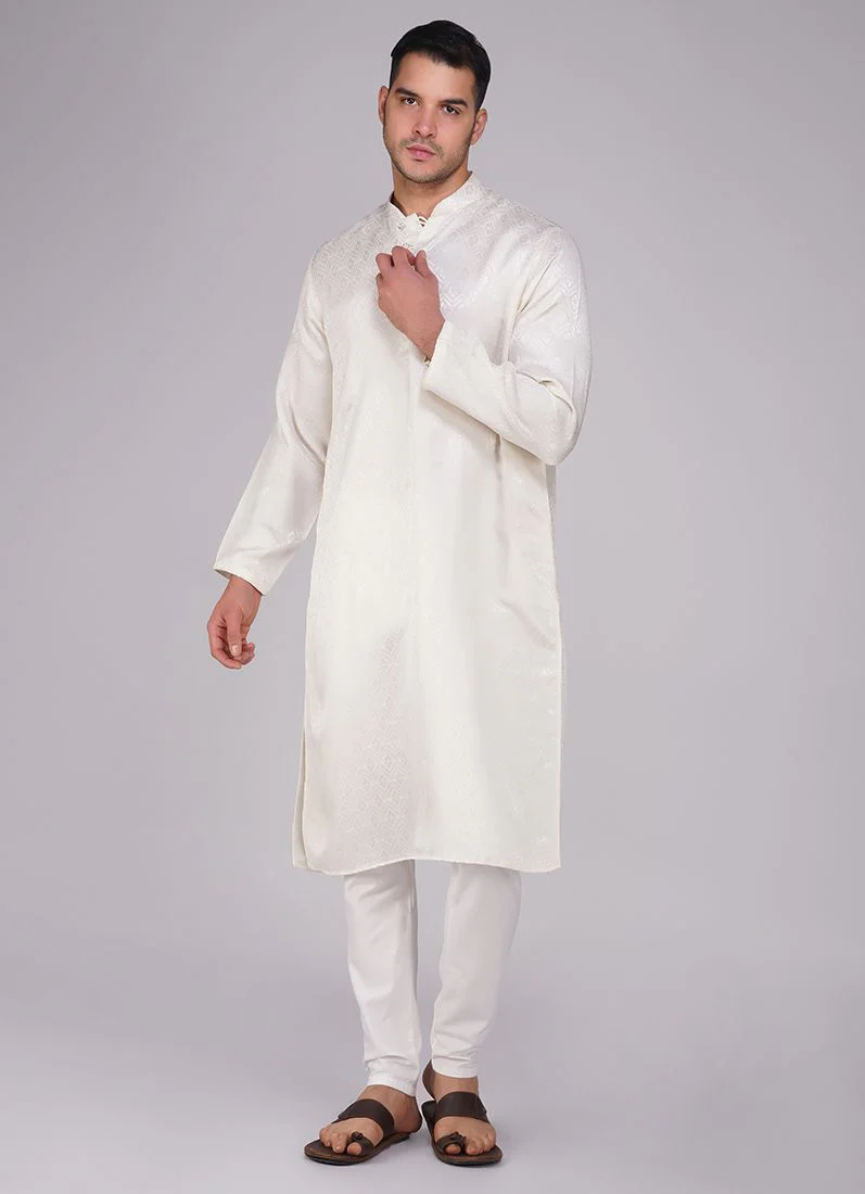 Men's Cream Jacquard Kurta Churidaar Set - Image 3