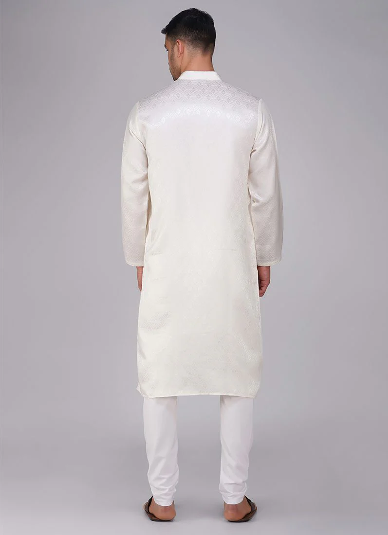 Men's Cream Jacquard Kurta Churidaar Set - Image 4