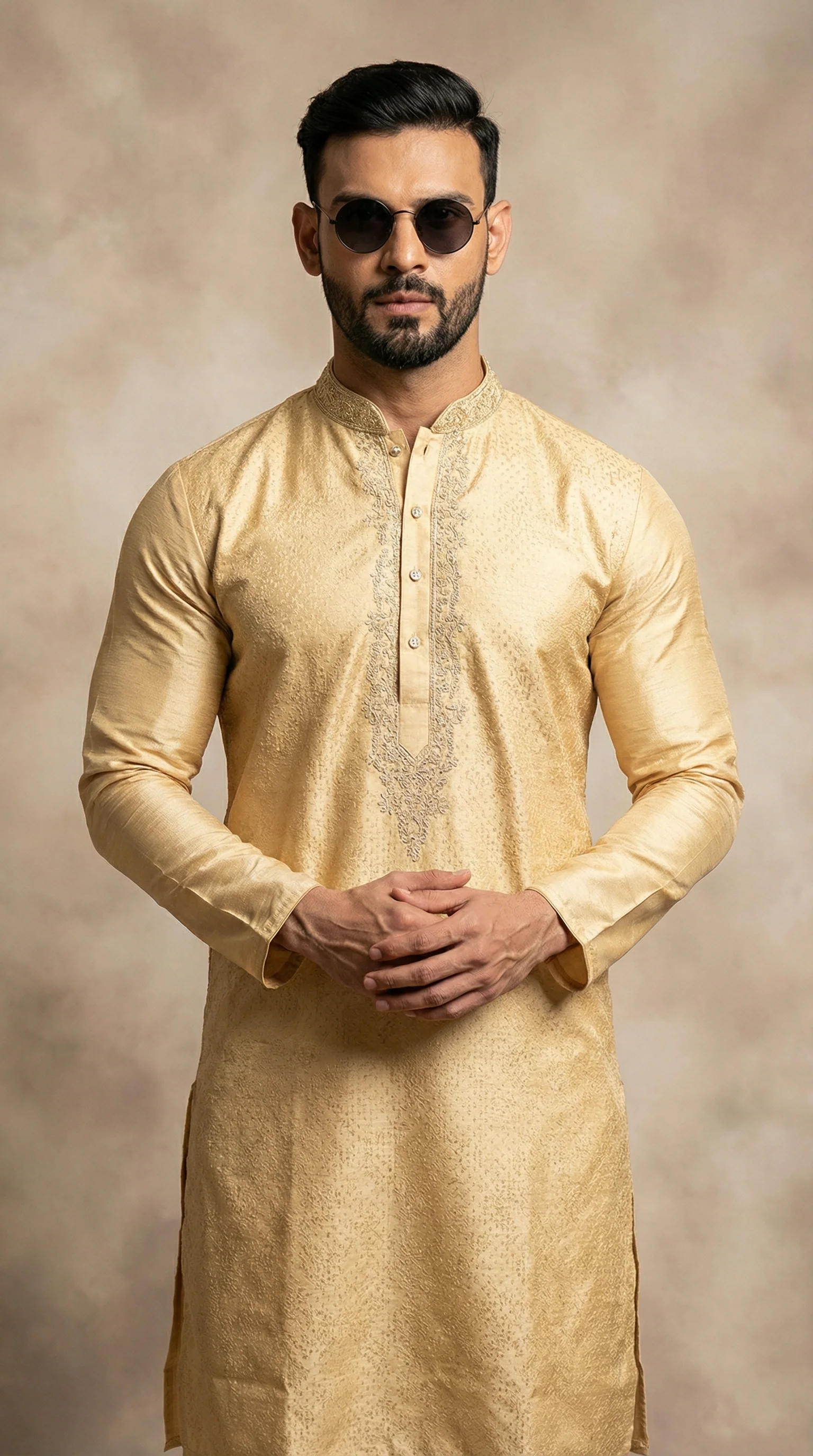 Men's Cream Jacquard Zari Embroidered Kurta Payjama Set - Image 2
