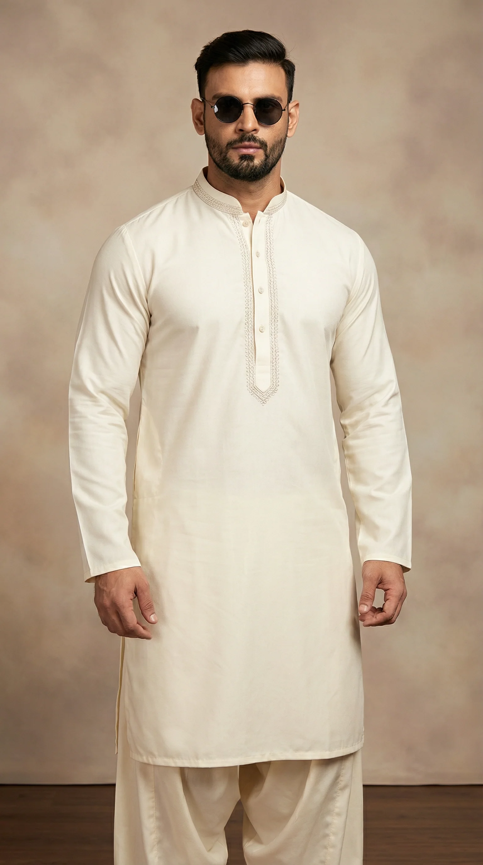 Men's Cream Neck Embroidered Salwar Kameez Set - Image 2