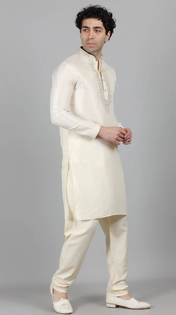 Men's Cream Resham Brocade Zari Embroidered Set - Image 2
