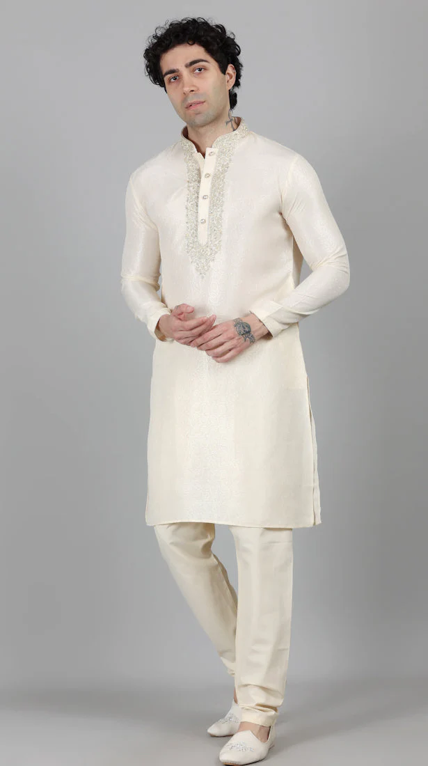 Men's Cream Resham Brocade Zari Embroidered Set - Image 3