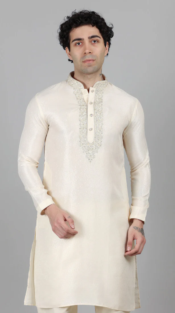 Men's Cream Resham Brocade Zari Embroidered Set - Image 5