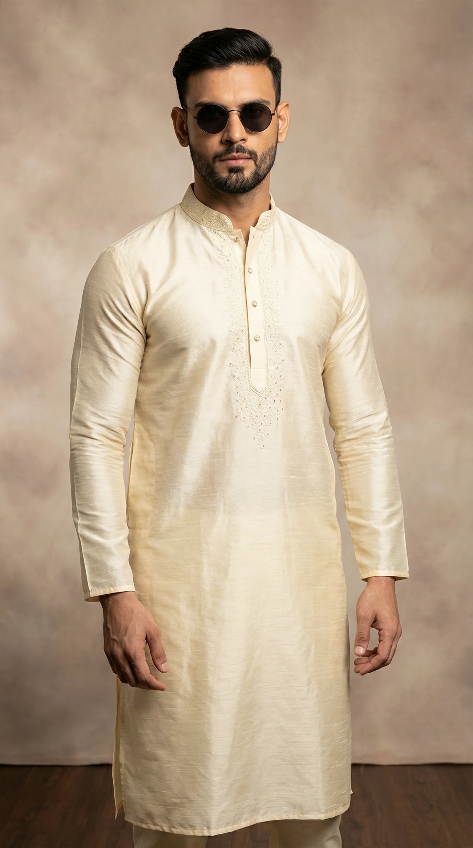 Men's Cream Resham Embroidered Kurta Payjama Set - Image 2