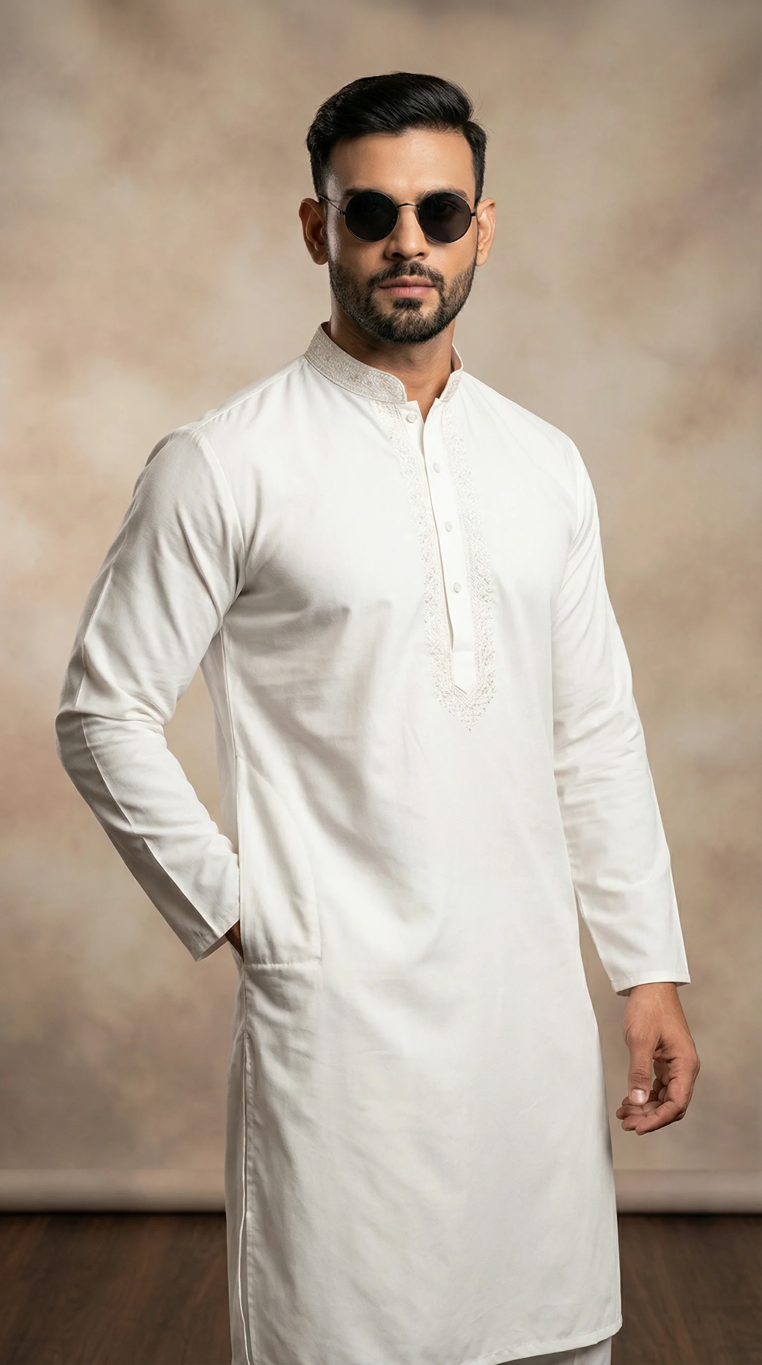 Men's Cream Resham Embroidered Shalwar Kameez - Image 2