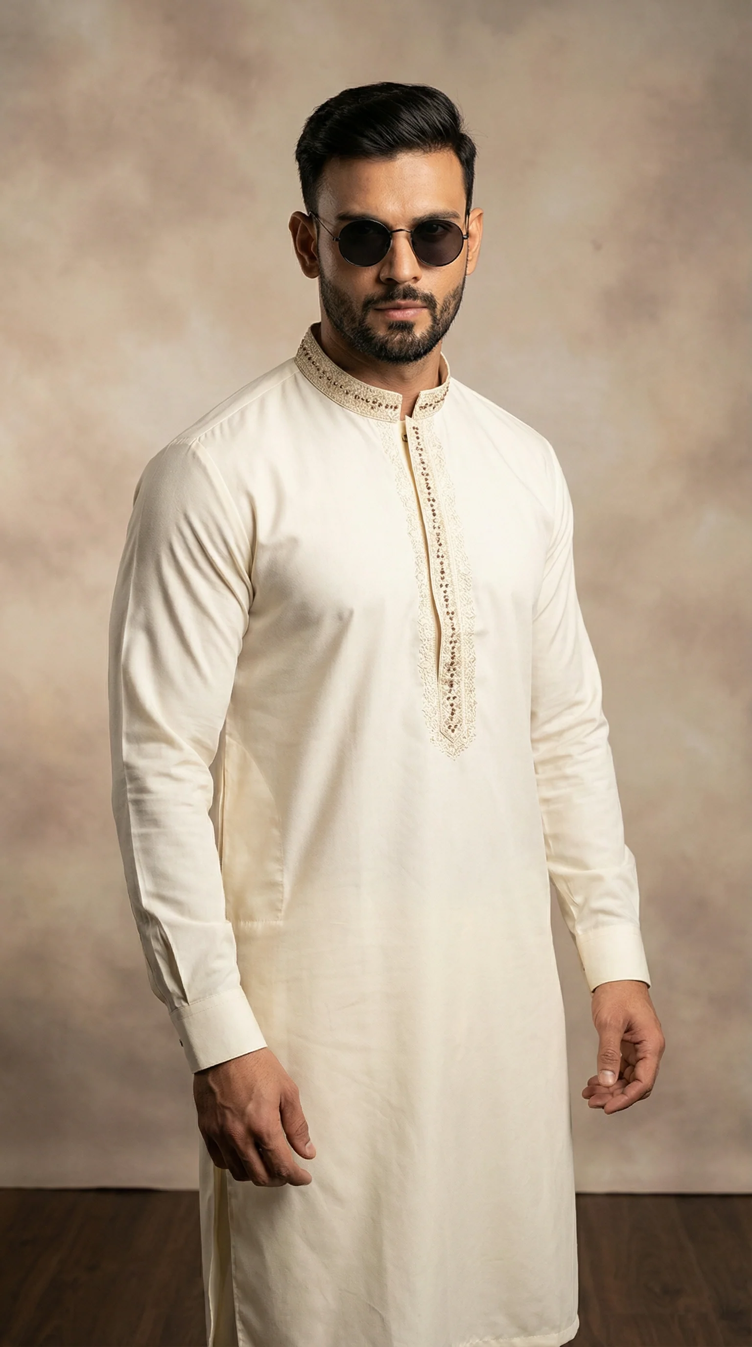 Men’s Cream Threadwork Embroidered Shalwar Kameez - Image 2