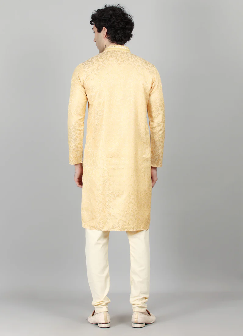 Mens Cream With Gold Brocade Kjurta Payjama Set - Image 2
