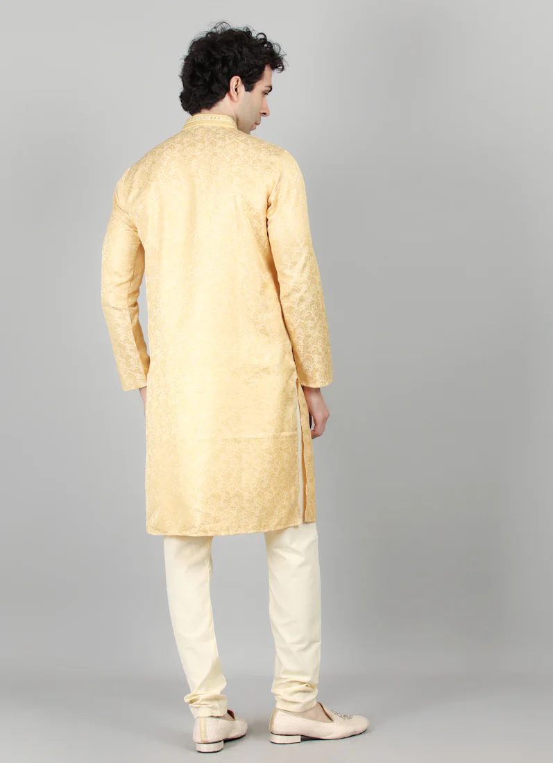 Mens Cream With Gold Brocade Kjurta Payjama Set - Image 3
