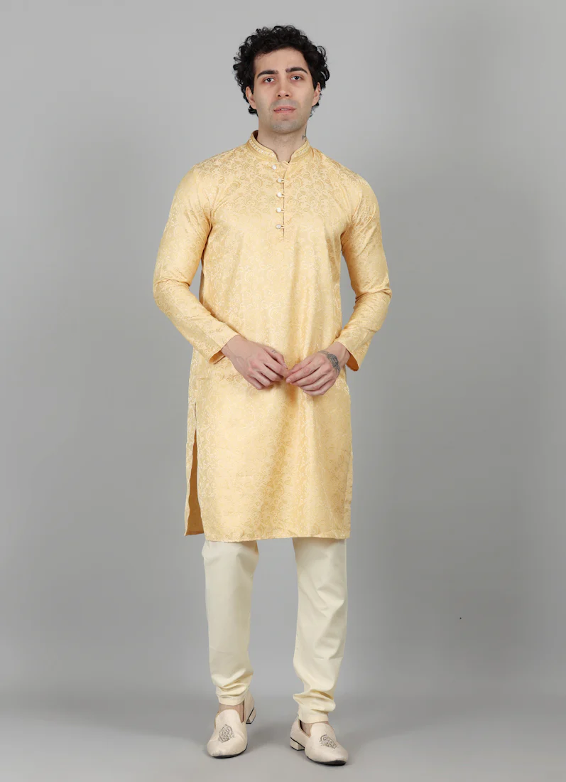 Mens Cream With Gold Brocade Kjurta Payjama Set - Image 4