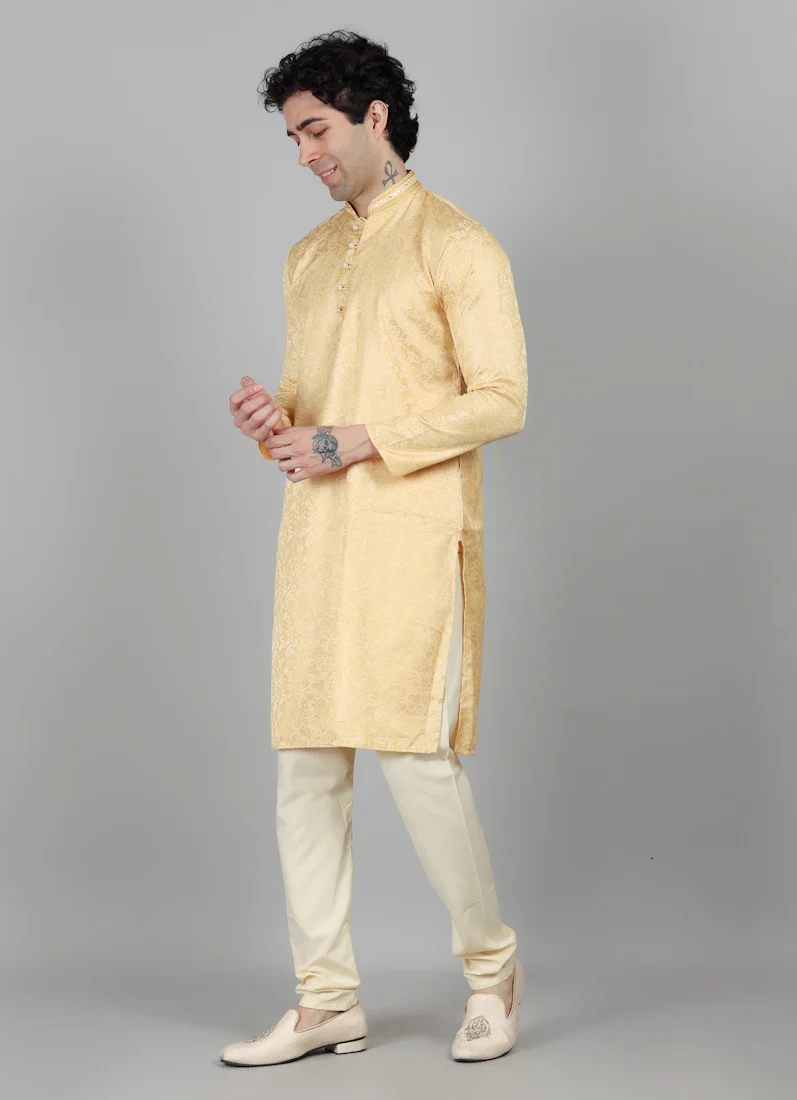 Mens Cream With Gold Brocade Kjurta Payjama Set - Image 5