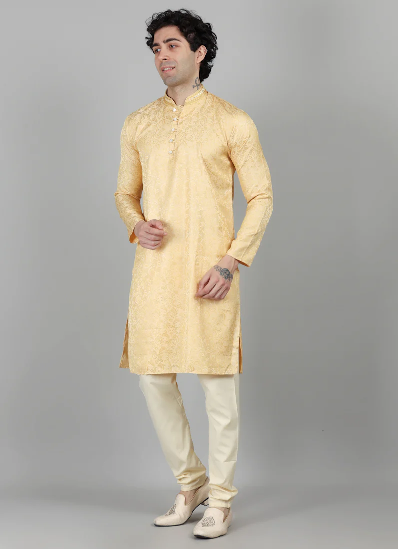 Mens Cream With Gold Brocade Kjurta Payjama Set - Image 6
