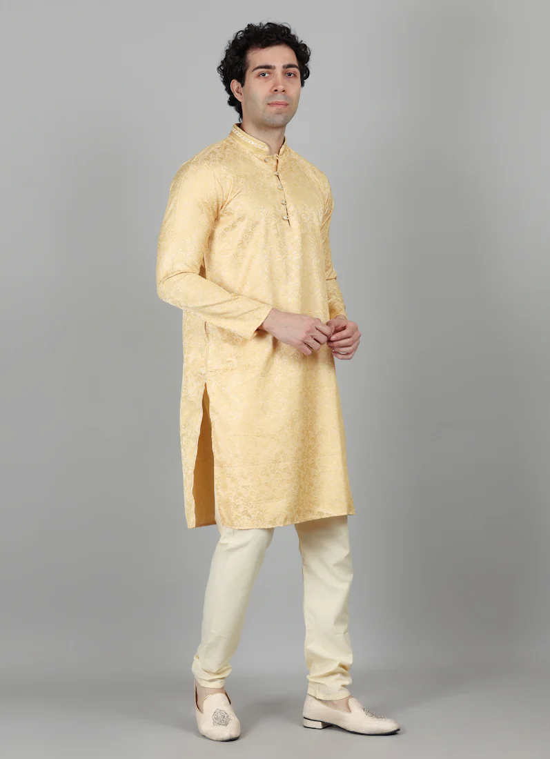 Mens Cream With Gold Brocade Kjurta Payjama Set - Image 7