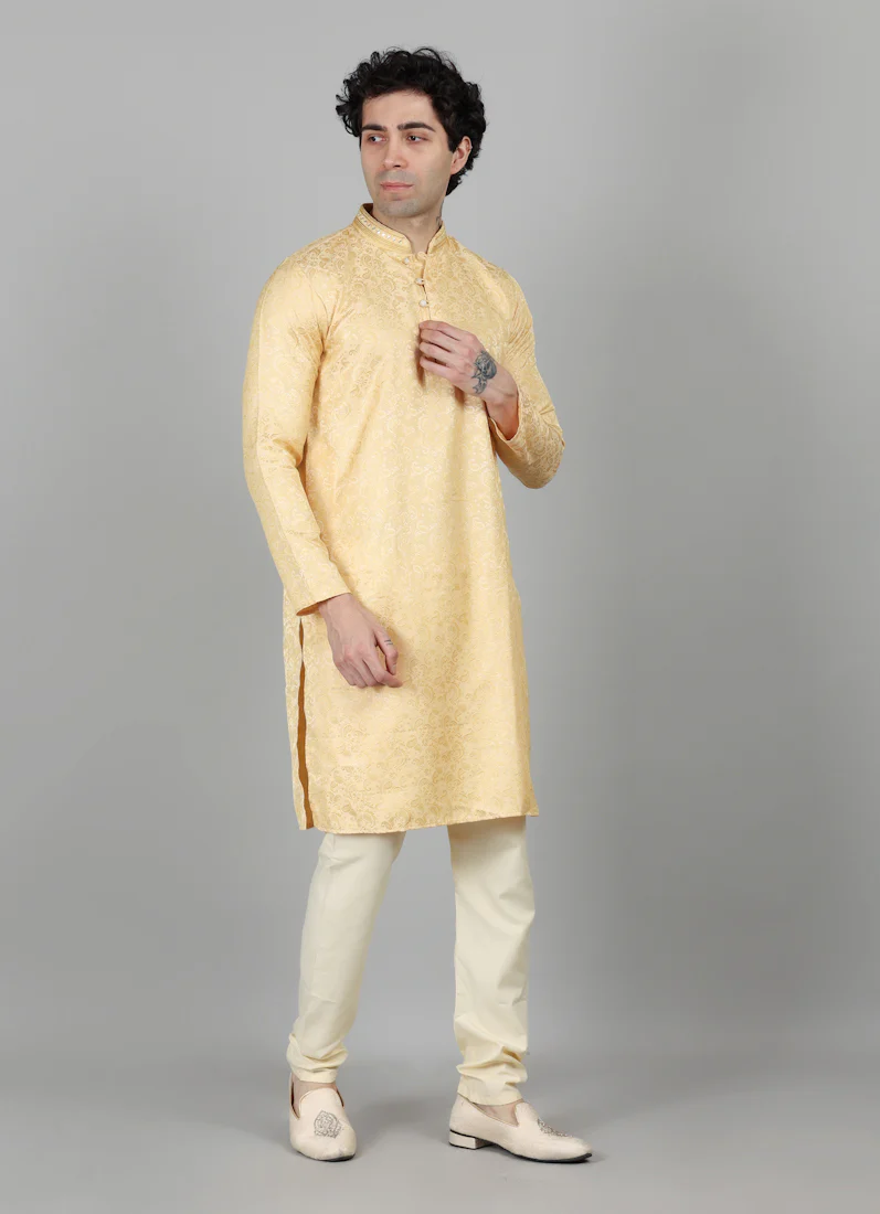 Mens Cream With Gold Brocade Kjurta Payjama Set - Image 8