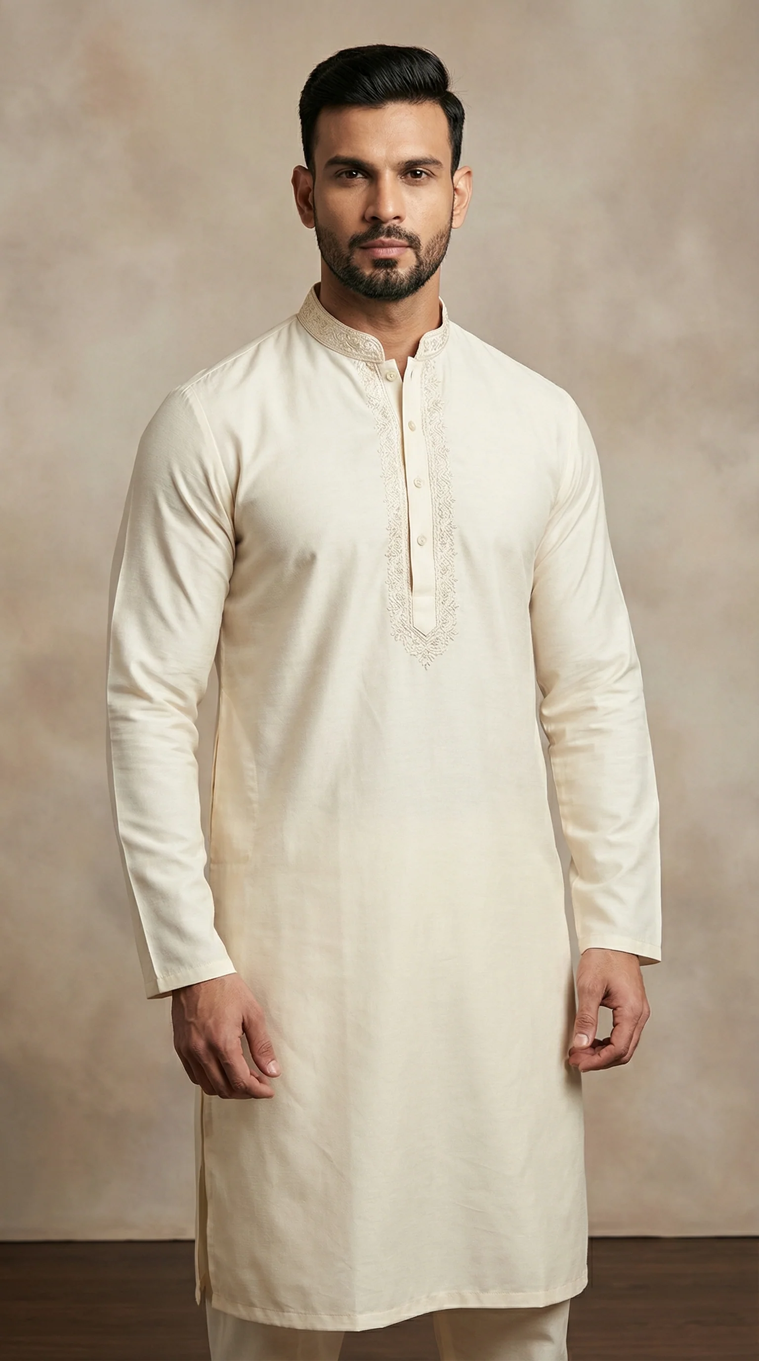 Men's Dark Cream Embroidered Salwar kameez - Image 2