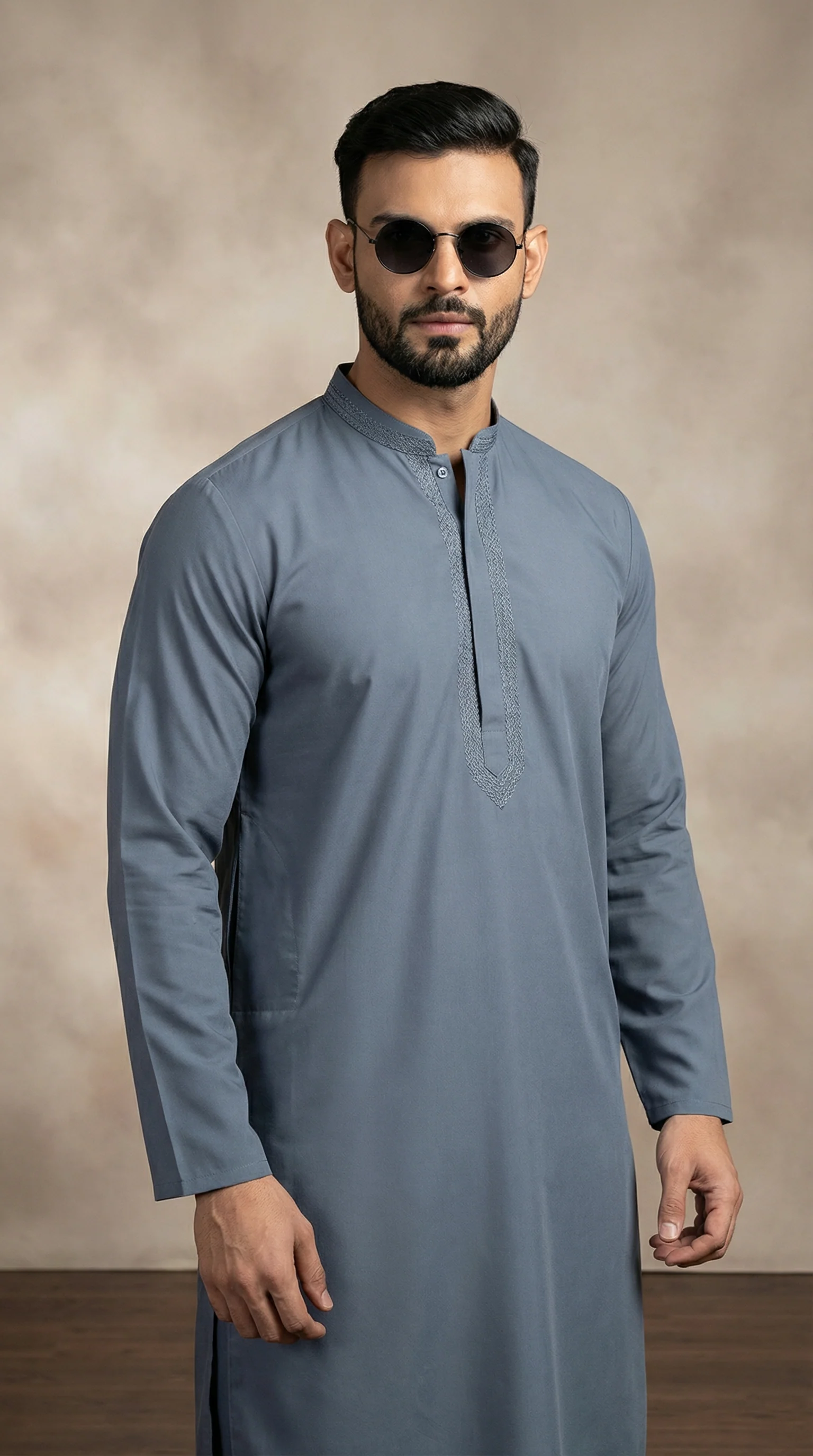 Men’s Dark Grey Resham Embroidered Shalwar Kameez - Image 2
