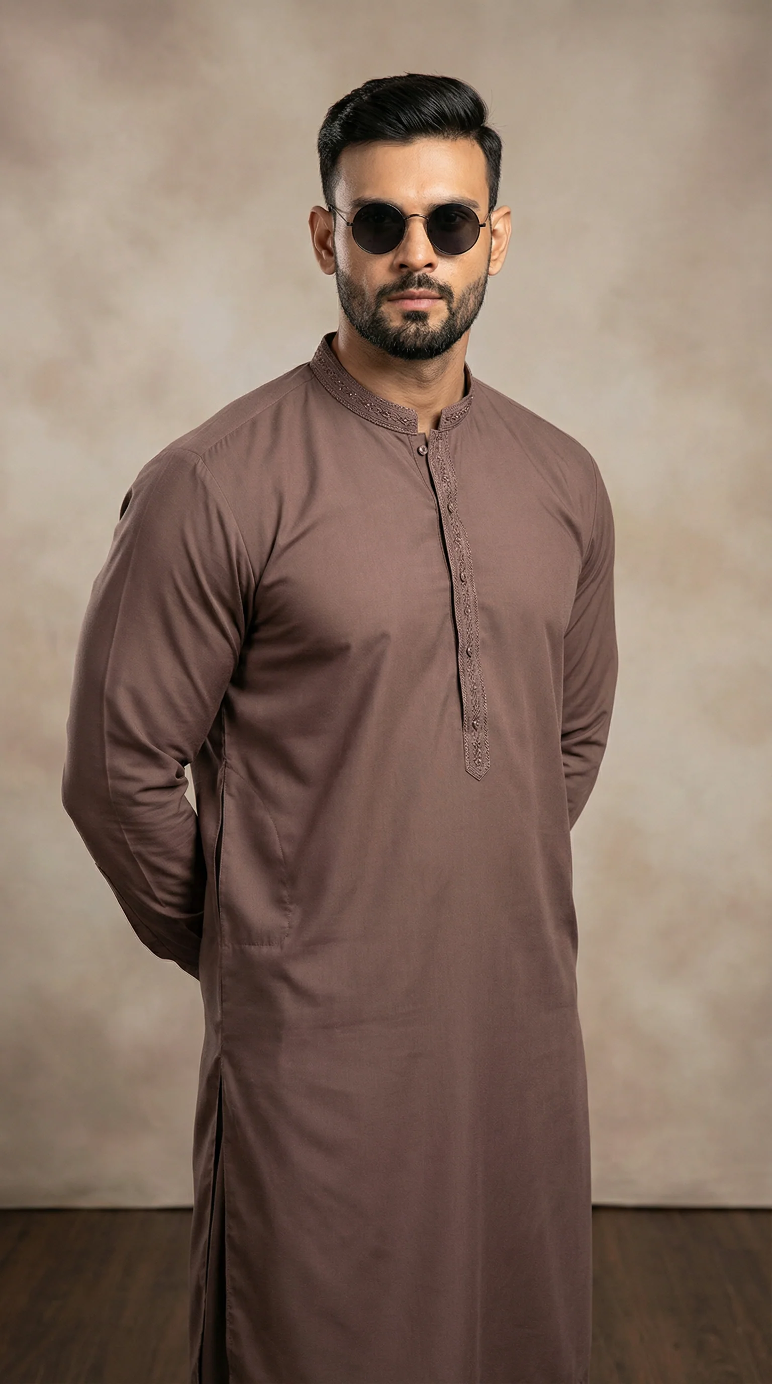 Men’s Brown Embroidered Shalwar Kameez - Image 2