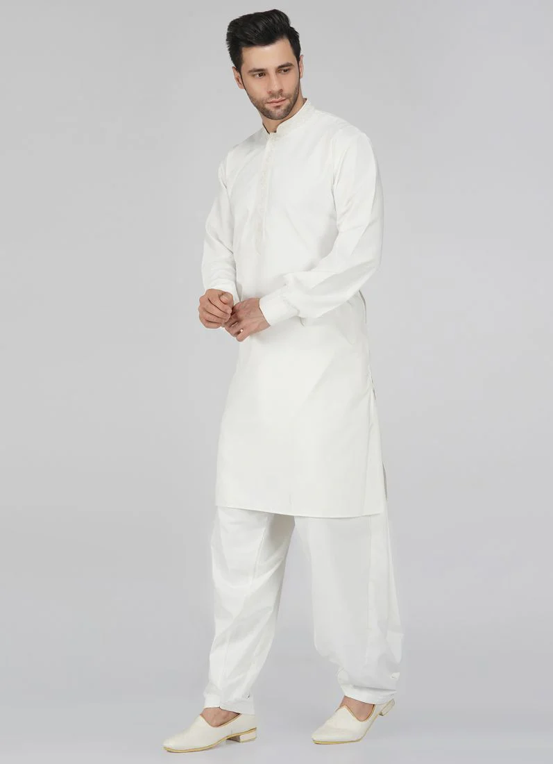 Men's Embroidered Cream Salwar Kameez Set - Image 2