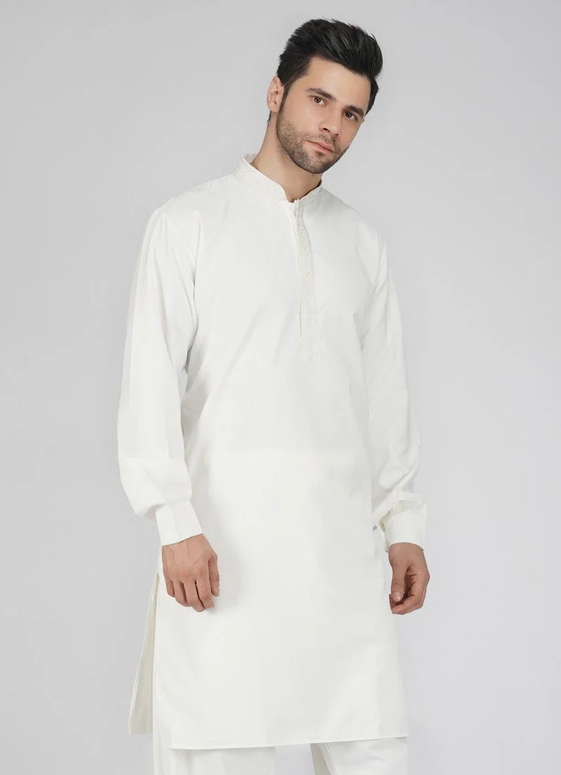 Men's Embroidered Cream Salwar Kameez Set - Image 4