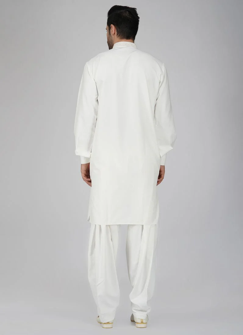 Men's Embroidered Cream Salwar Kameez Set - Image 5