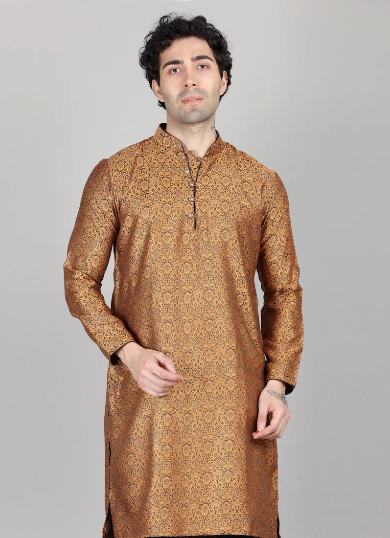 Men's Gold and Black Brocade Kurta Payjama Set - Image 2