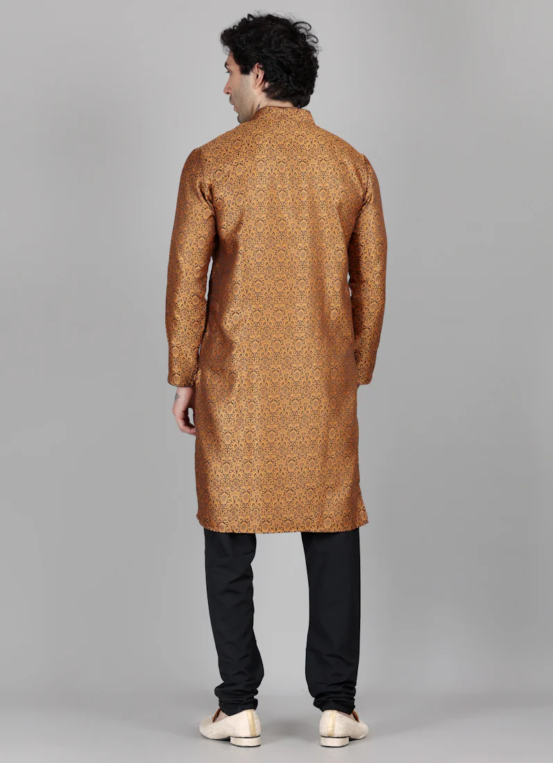 Men's Gold and Black Brocade Kurta Payjama Set - Image 3
