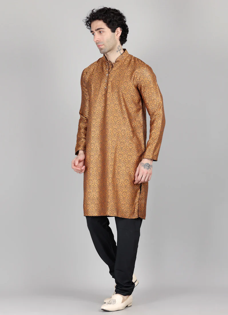 Men's Gold and Black Brocade Kurta Payjama Set - Image 4