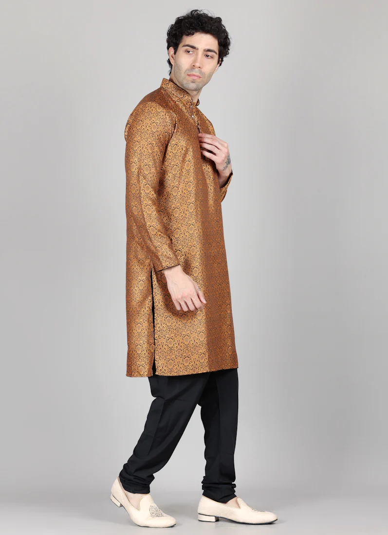 Men's Gold and Black Brocade Kurta Payjama Set - Image 5