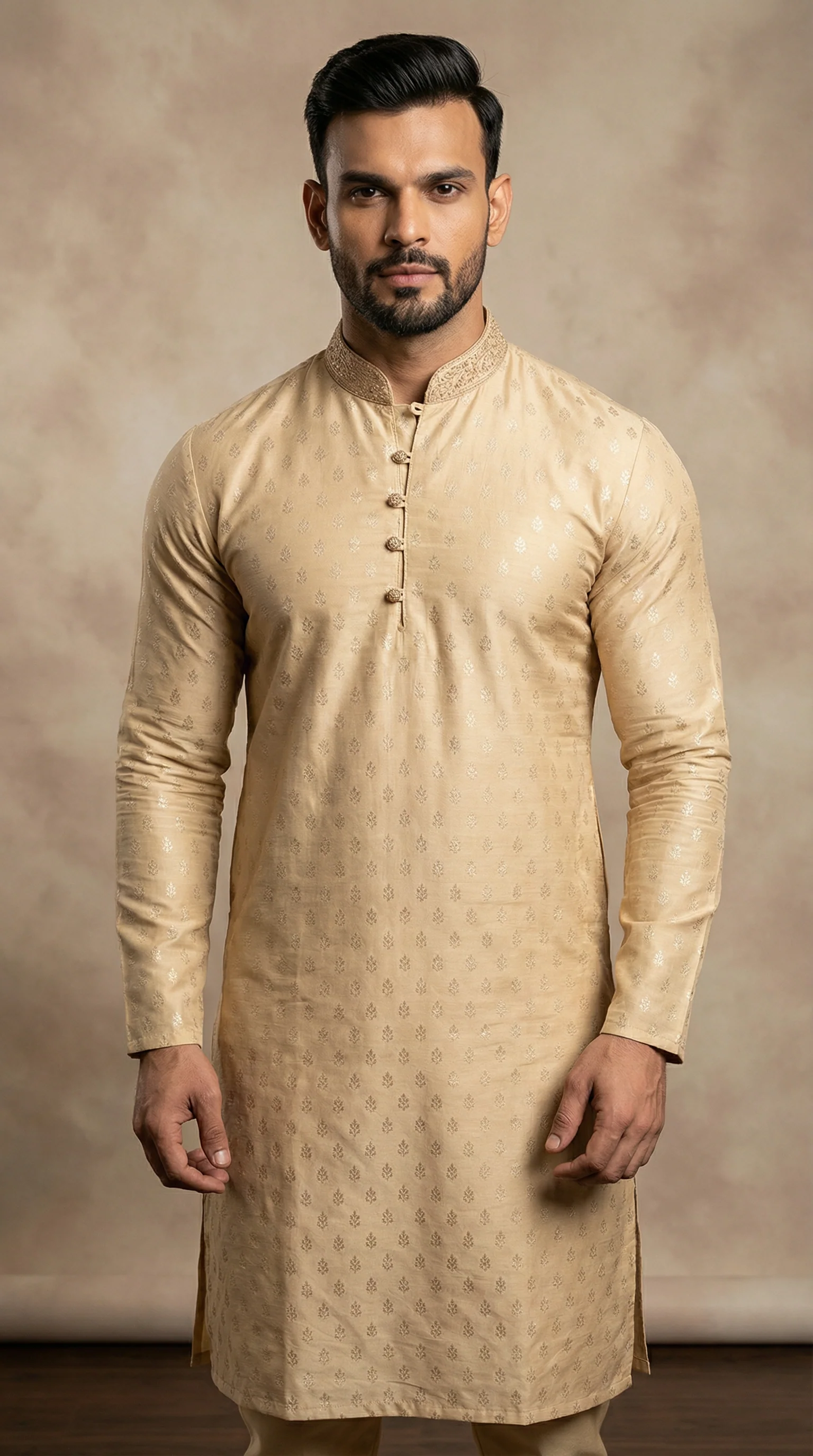 Men's Gold Brocade Embroidered Collar Payjama Set - Image 2