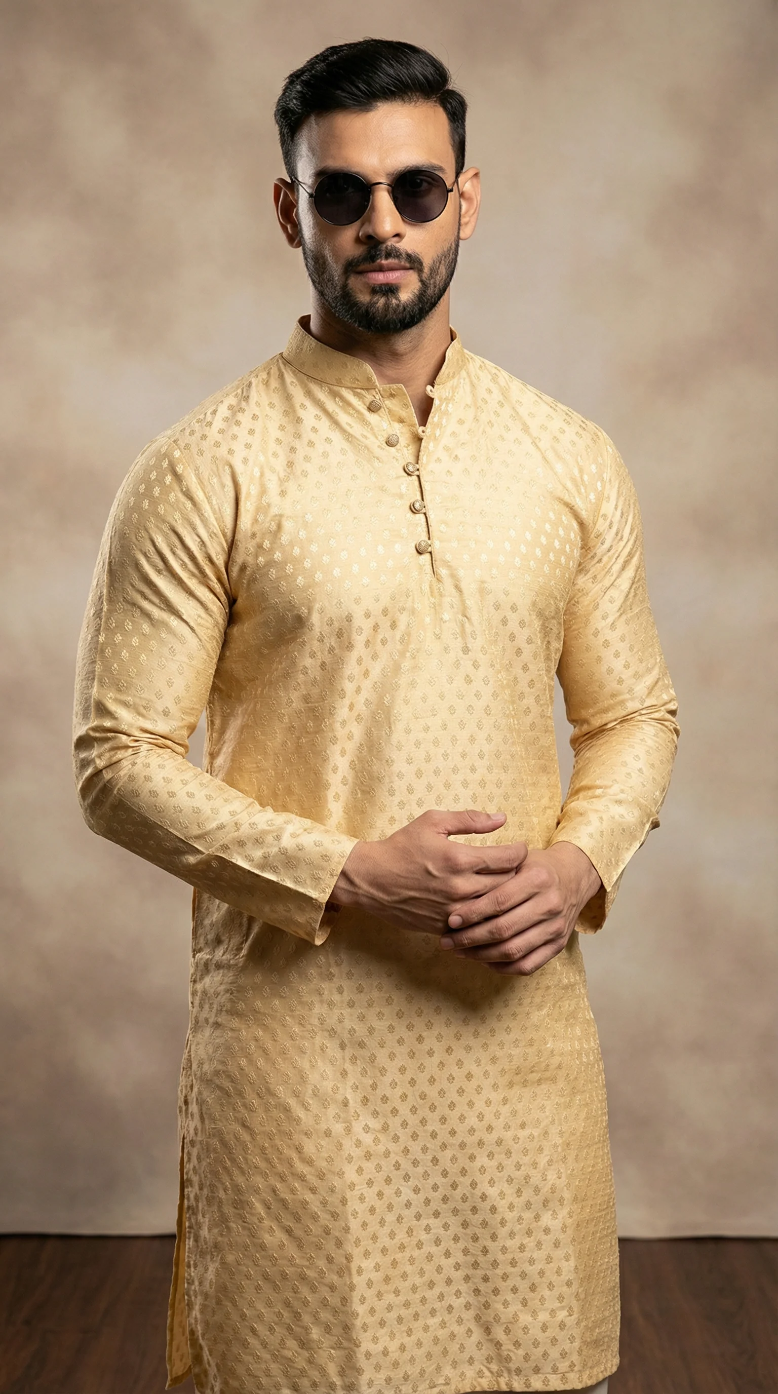 Men's Gold Brocade Kurta and Payjama Set - Image 2