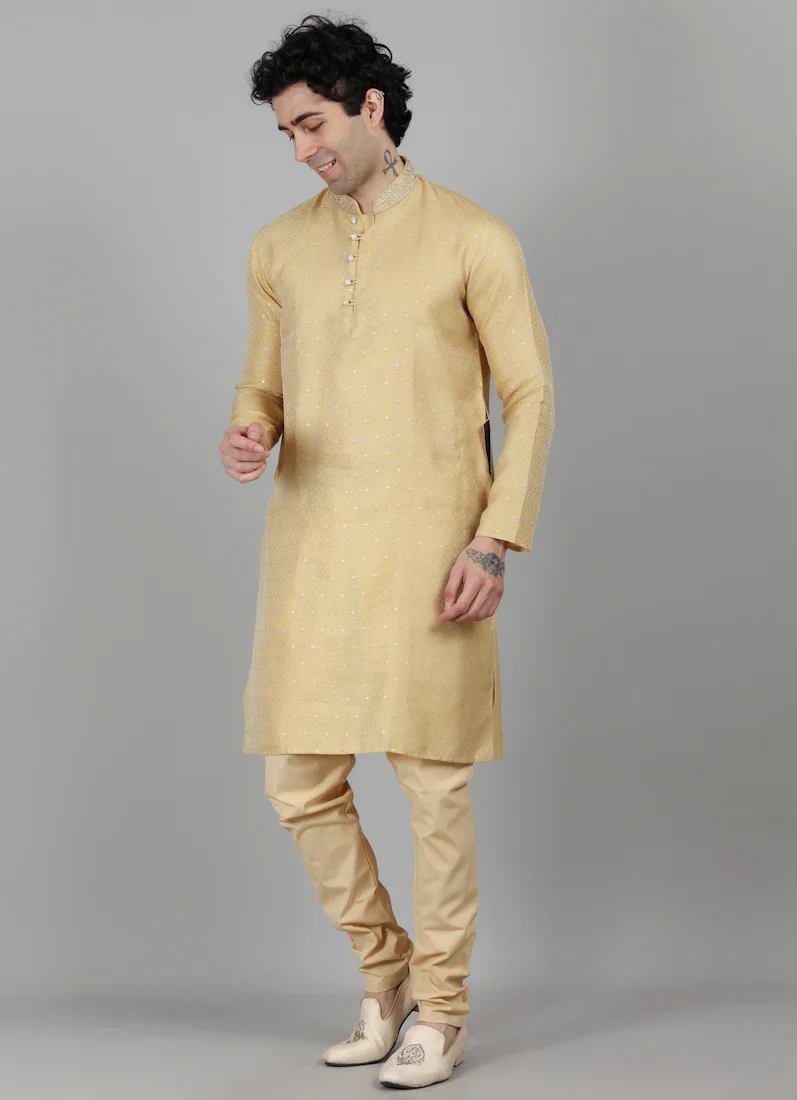 Men's Gold Dot Brocade Kurta Payjama Set - Image 3