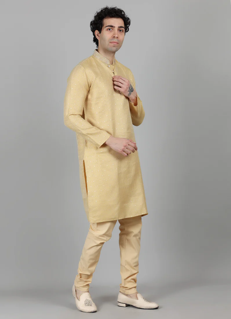 Men's Gold Dot Brocade Kurta Payjama Set - Image 4