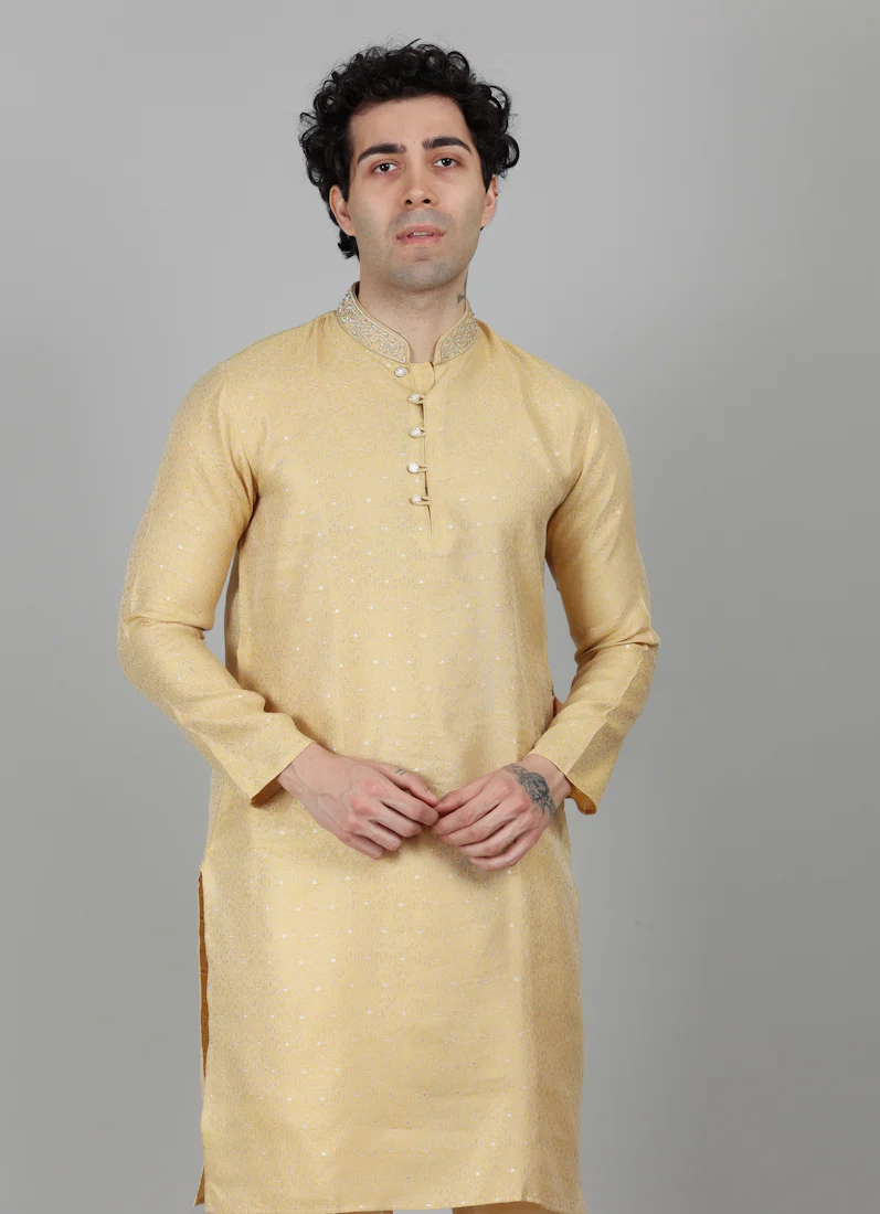 Men's Gold Dot Brocade Kurta Payjama Set - Image 5
