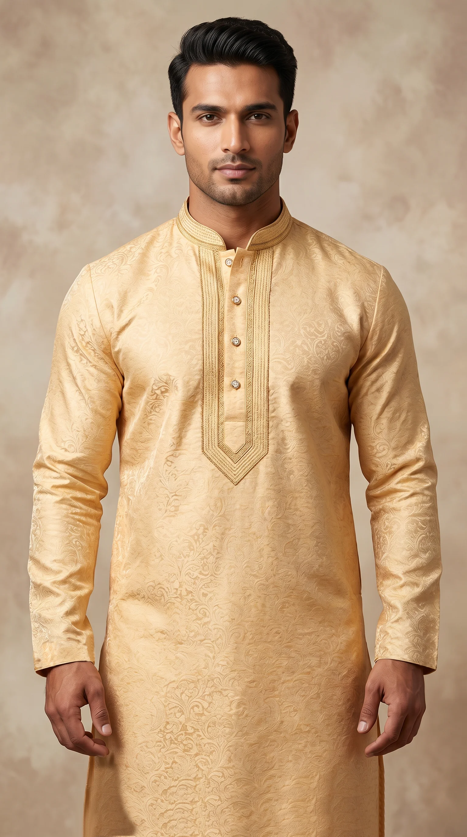 Men's Gold jacquard Resham Embroidered Kurta Pyjama Set - Image 2