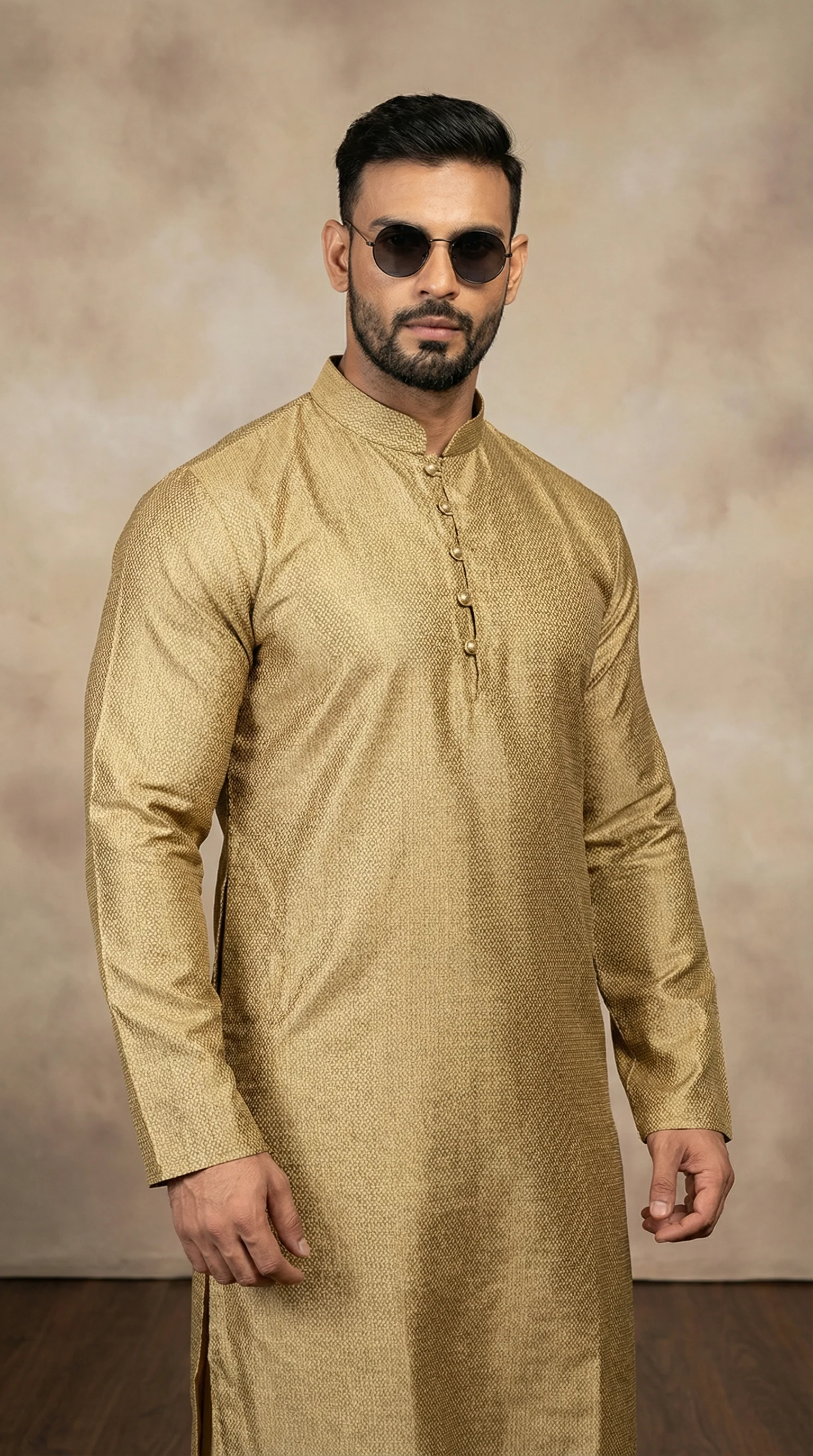 Men's Gold Pinstriped Salwar Kameez - Image 2