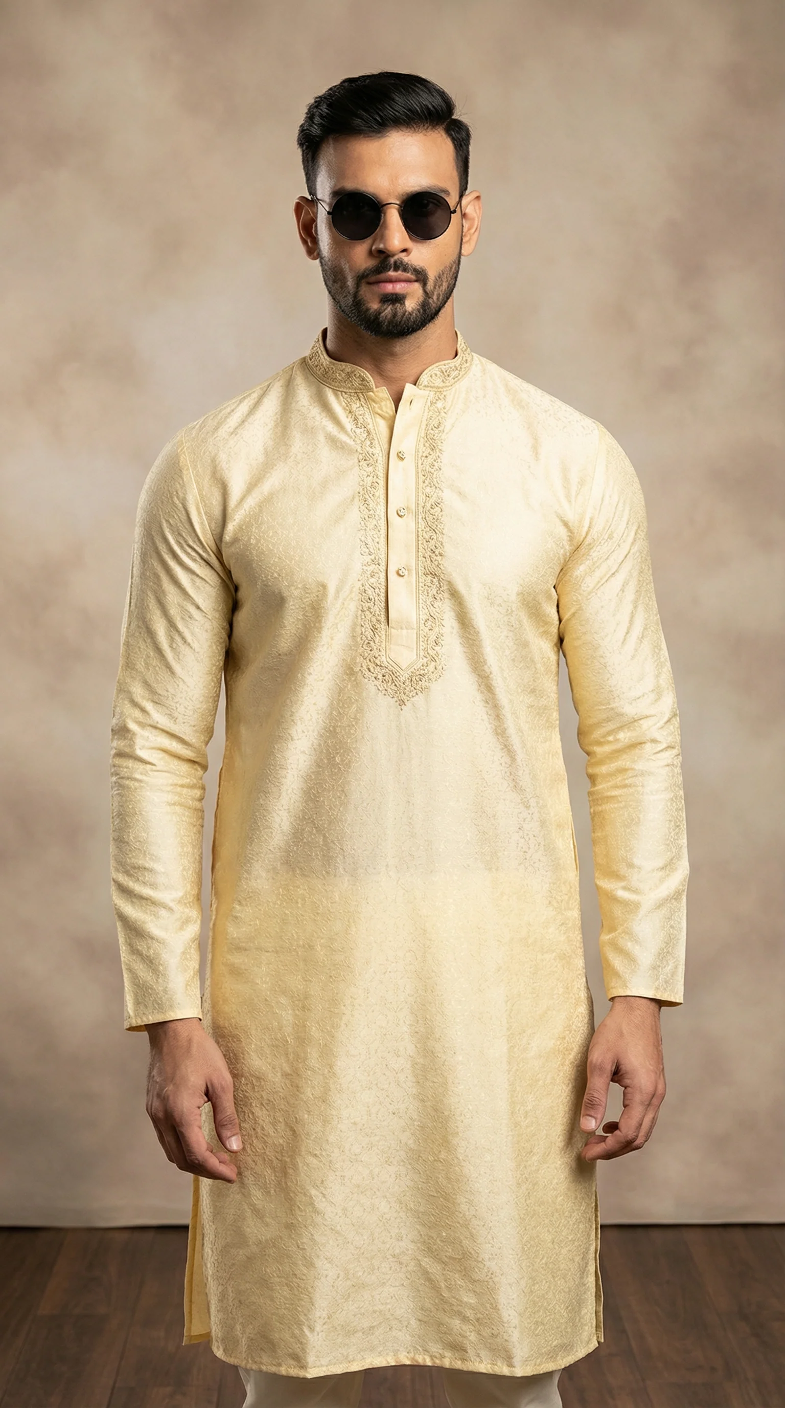 Men's Gold Resham Brocade Embroidered Kurta Payjama Set - Image 2