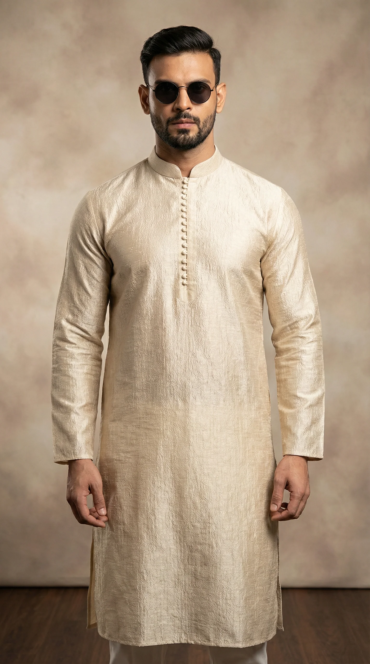 Men's Gold Resham Brocade Kurta Pajama Set - Image 2