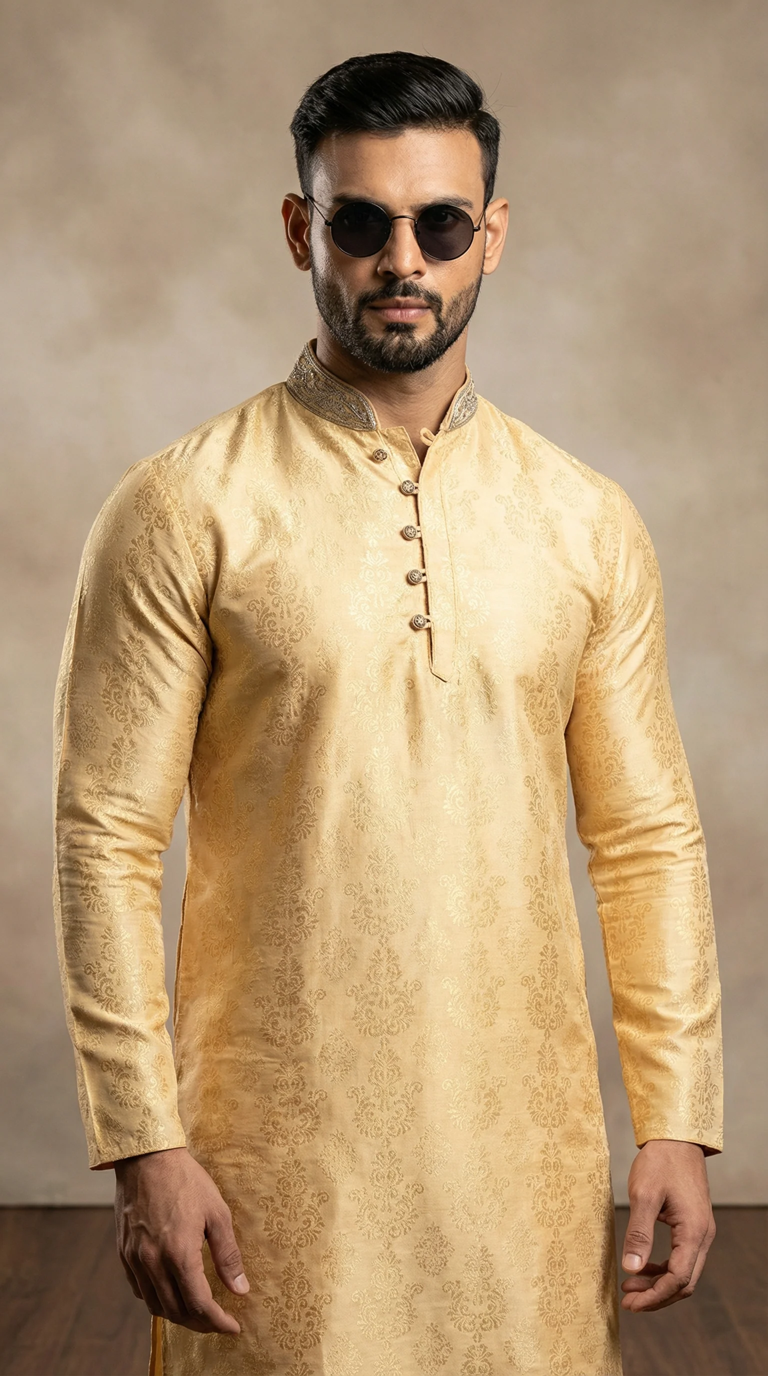 Men's Gold Self Brocade Embroidered Collar Set - Image 2