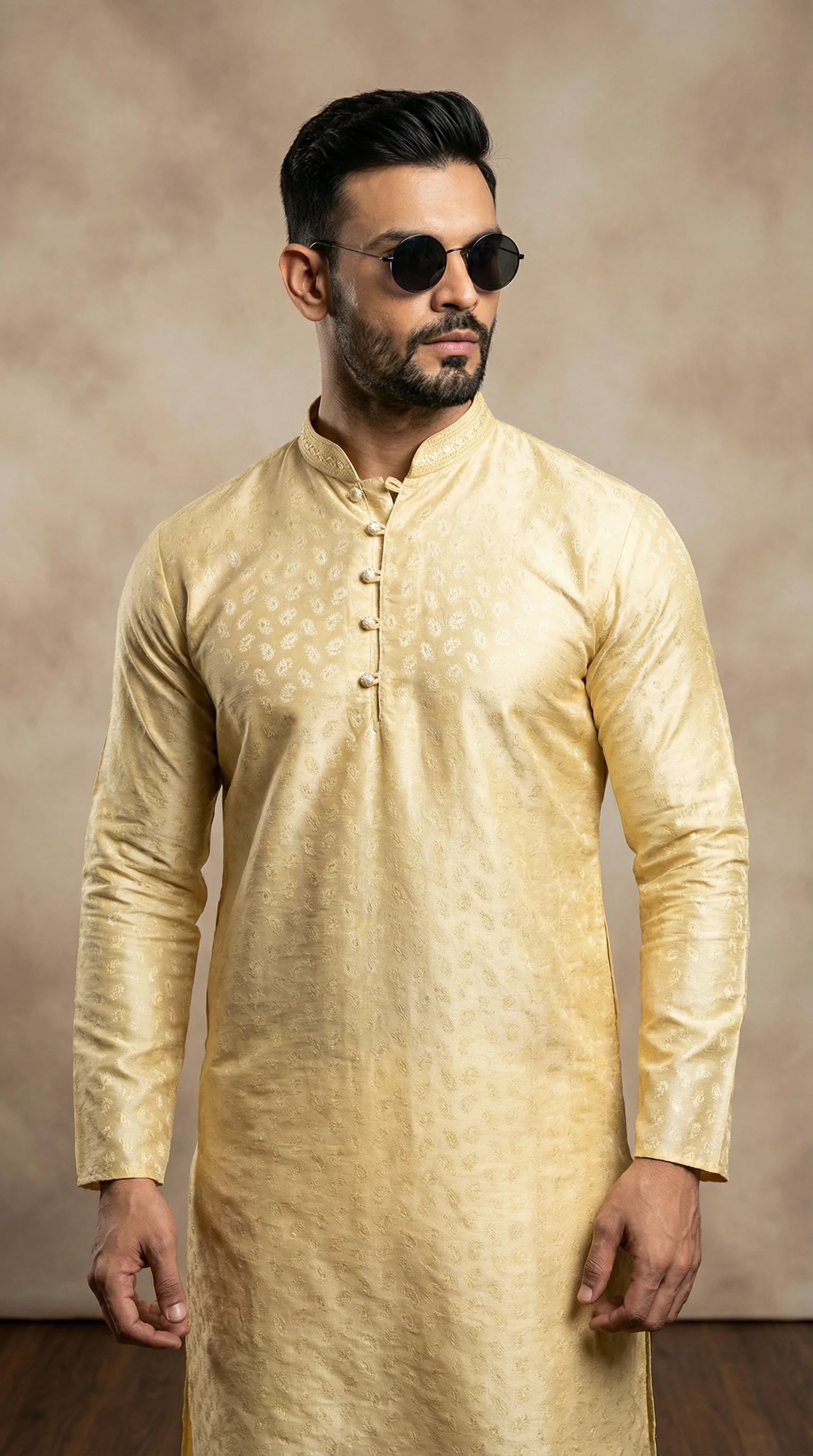Men's Gold Self Jacquard Embroidered Collar Kurta Pyjama - Image 2