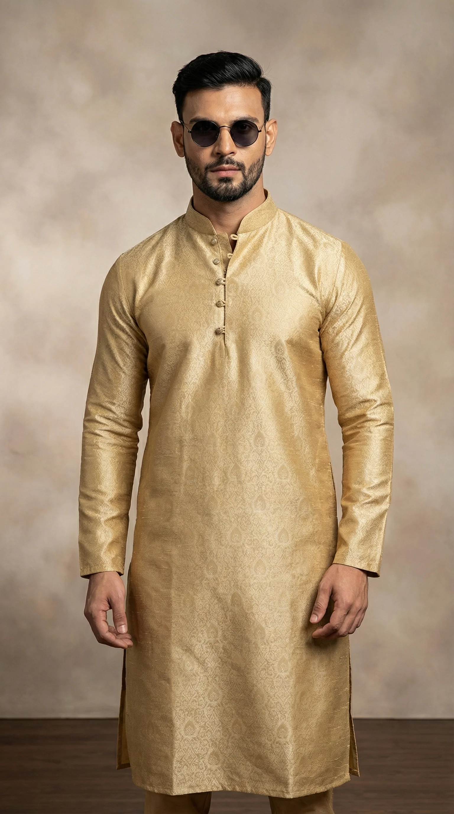 Men's Gold Self Jacquard Kurta Payjama Set - Image 2