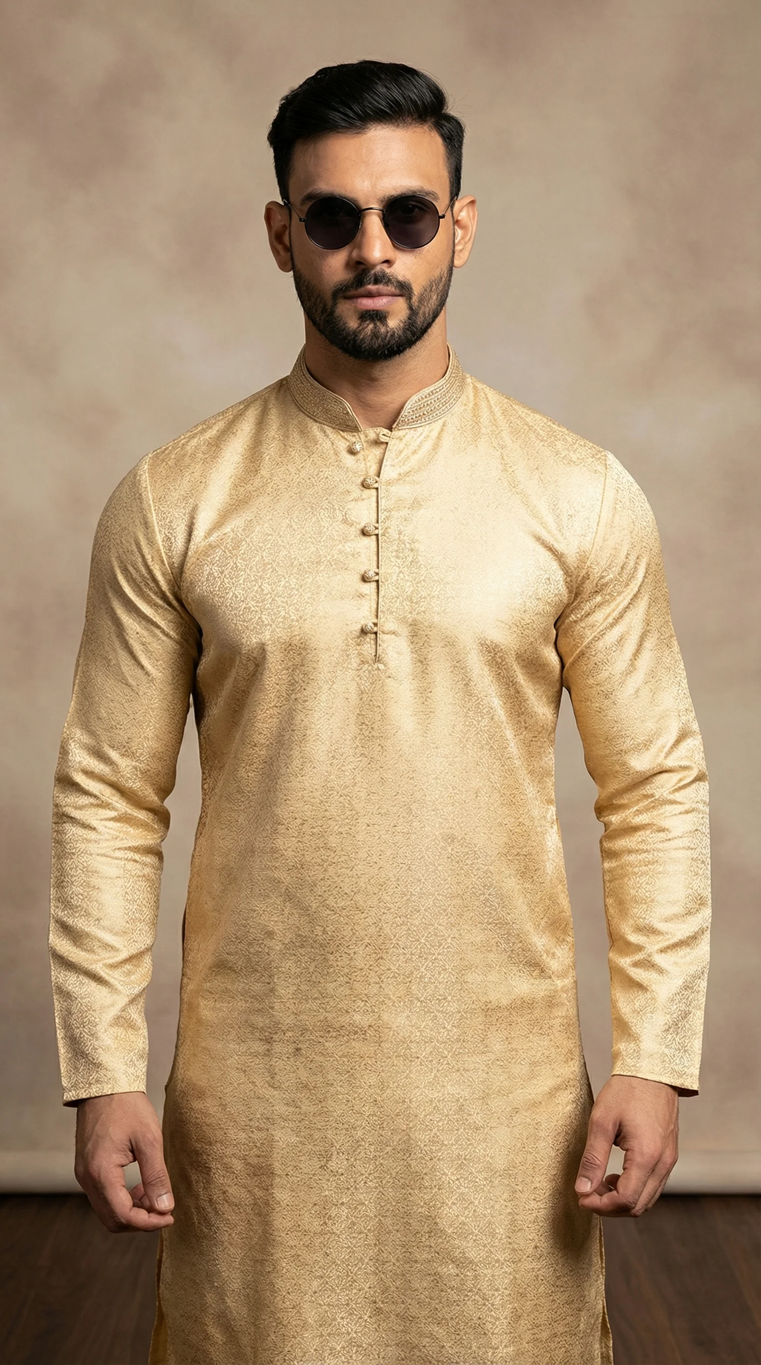 Men's Gold Self Resham Brocade Embroidered Set - Image 2