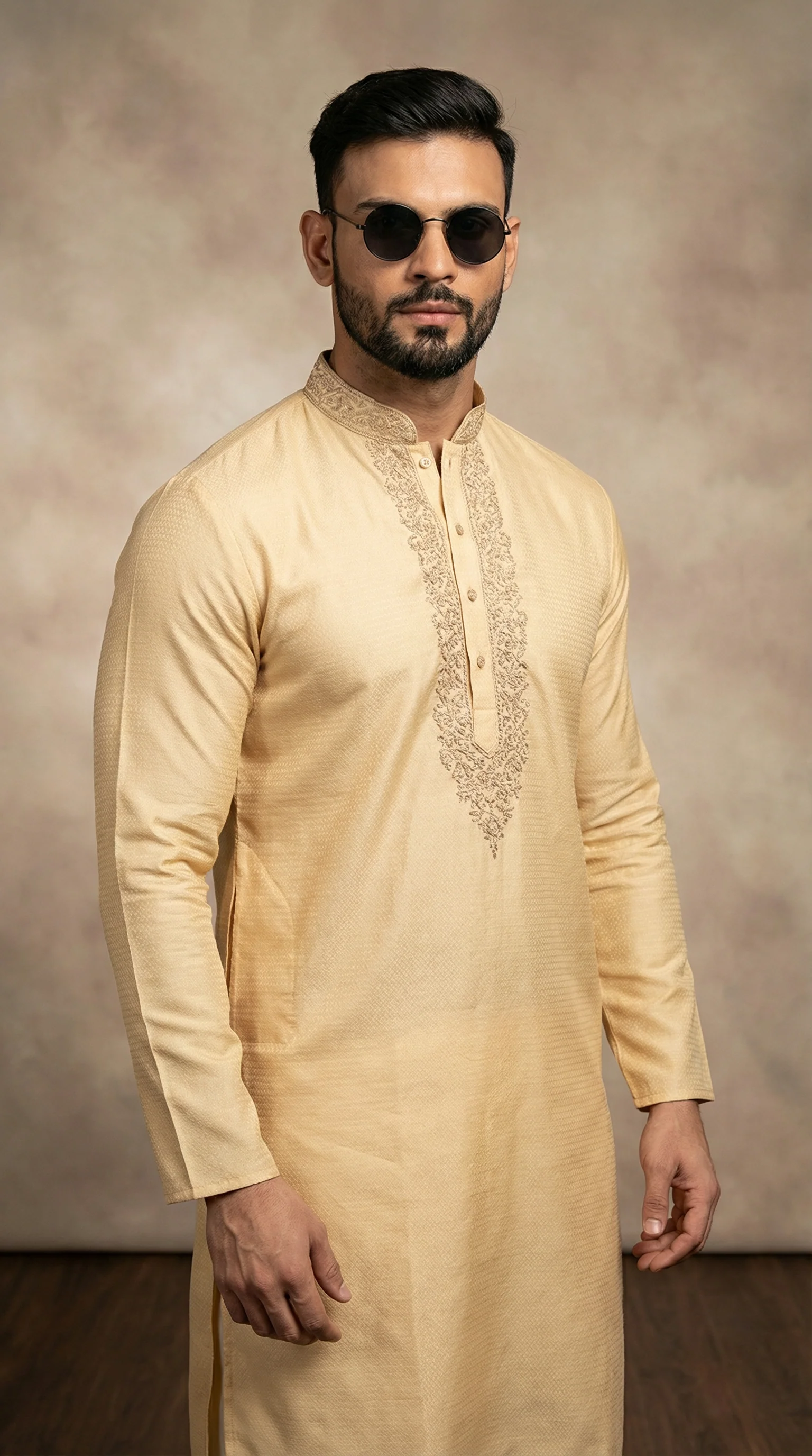 Men's Gold Self Resham Brocade Zari Embroidered Kurta Pyjama - Image 2
