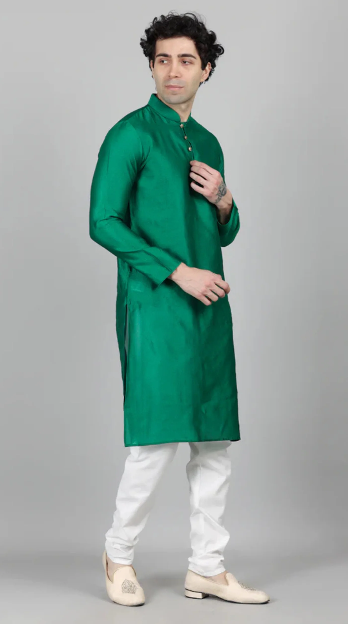 Men's Green Jacquard Kurta Payjama Set - Image 4