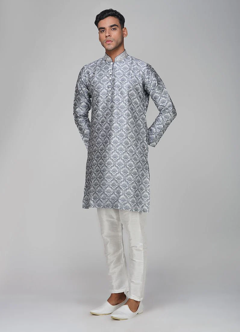 Men's Grey Brocade Kurta Churidaar Set - Image 2