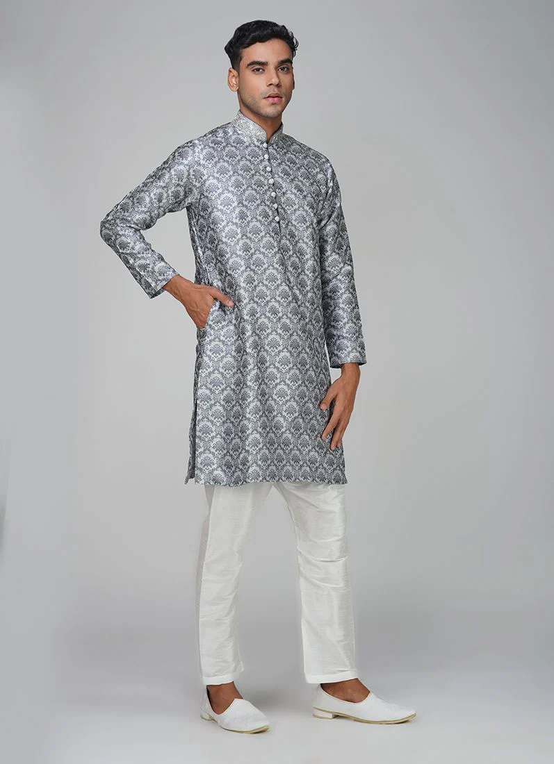 Men's Grey Brocade Kurta Churidaar Set - Image 3