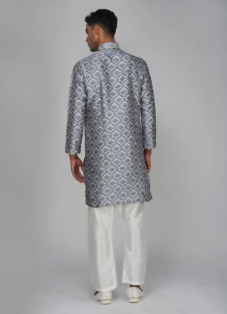 Men's Grey Brocade Kurta Churidaar Set - Image 4