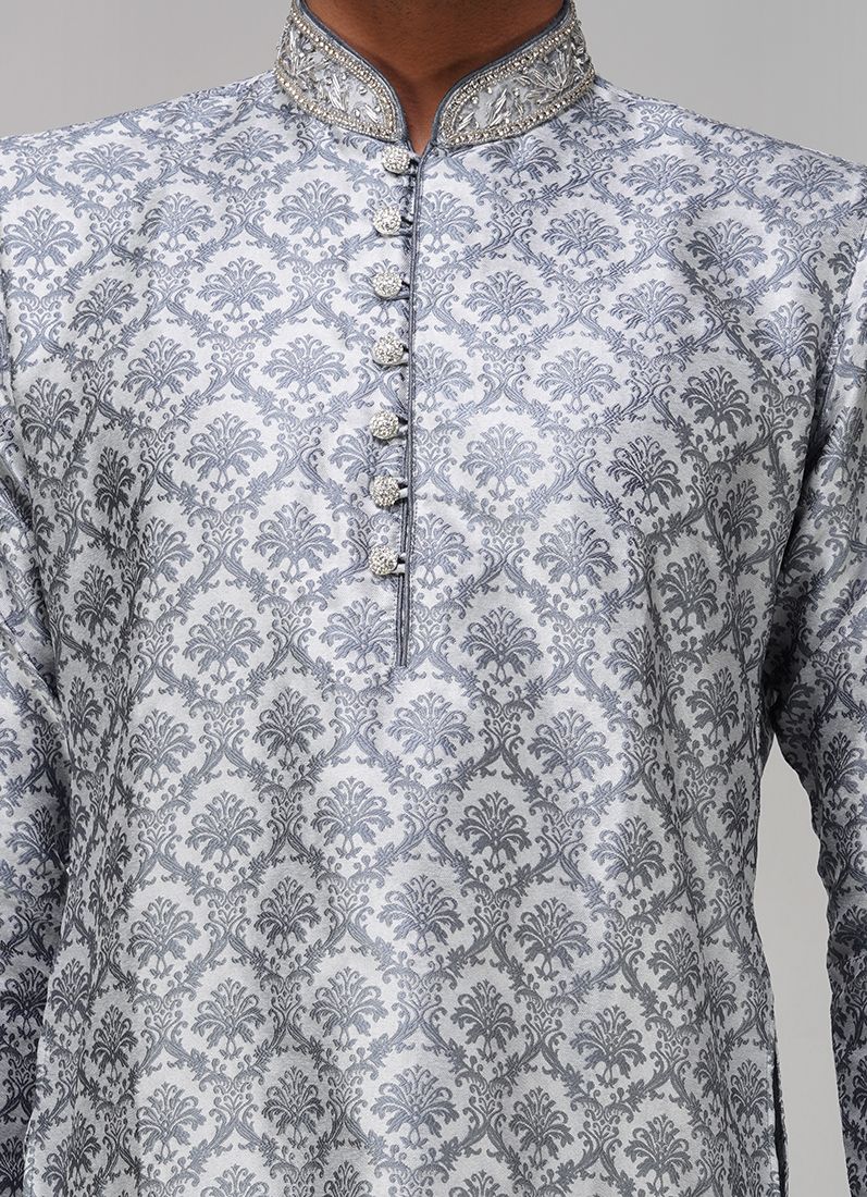 Men's Grey Brocade Kurta Churidaar Set - Image 5